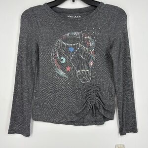 Mudd Girls Medium 8 Pullover Knit Top Charcoal Gray Horse Graphic Ruched Hem LS